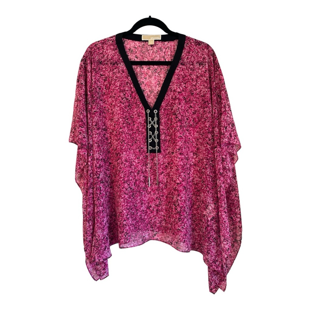 Michael Kors | Pink & Black Floral Chain Accent Blouse / Top | Size L / XL